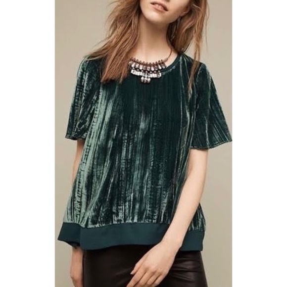 Maeve | Anthro Holiday Emerald Green Velvet Chiffon Mesh Floaty Christmas Blouse - Picture 1 of 15